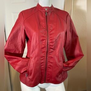 Baccini~Bold~Red~Faux Leather~Jacket~Ruched Front Zipper Closure~Pockets~Size PM